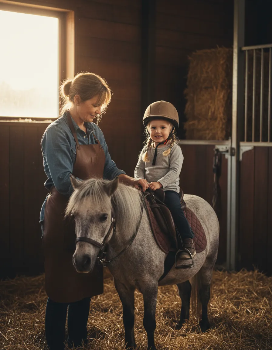 Founder adjusting a saddle with a young rider