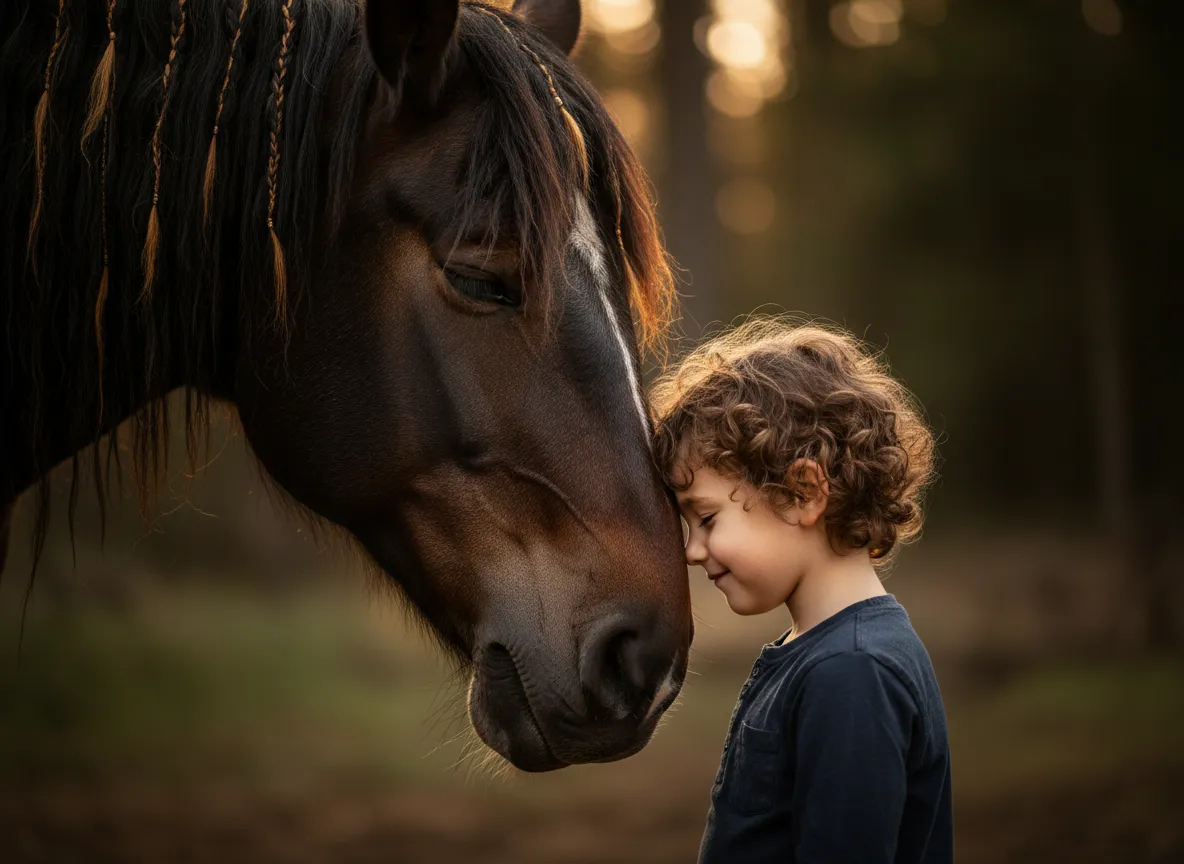A gentle moment of connection between a young rider and a horse