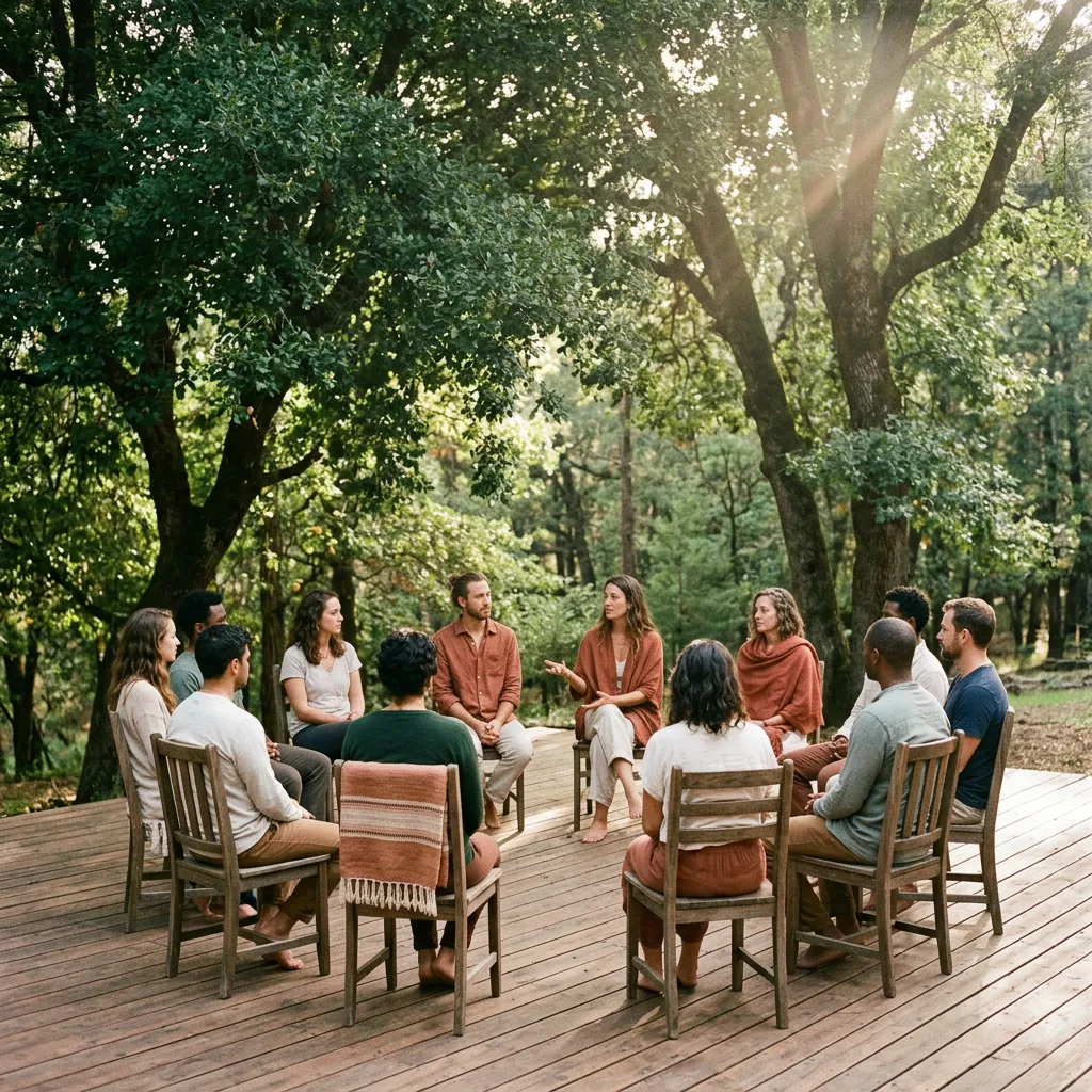 Facilitators guiding an intimate, transformative workshop circle in a sunlit natural retreat environment