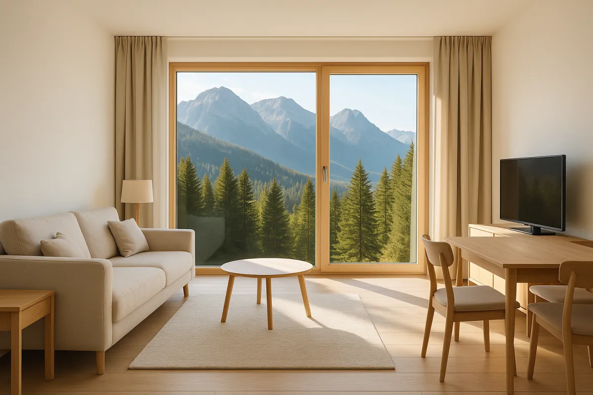 Helle, moderne Ferienwohnung mit Bergblick und sauberem, minimalistischem Interieur