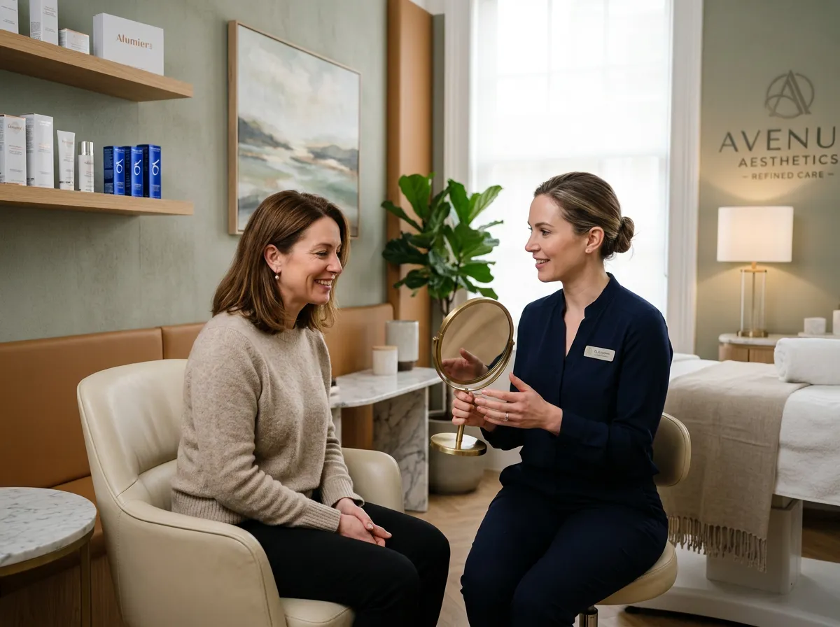 Consulta de rellenos dérmicos (dermal fillers) en un medical spa: evaluación natural con espejo en un ambiente profesional