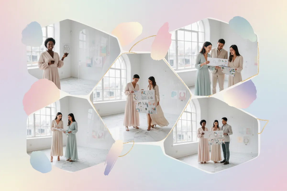 A modern, pastel-toned collage showing a diverse group of small business owners in elegant attire, reviewing branding materials in a sunlit, high-end studio. The composition is airy, with soft gradients and subtle gold accents, evoking exclusivity and creativity.