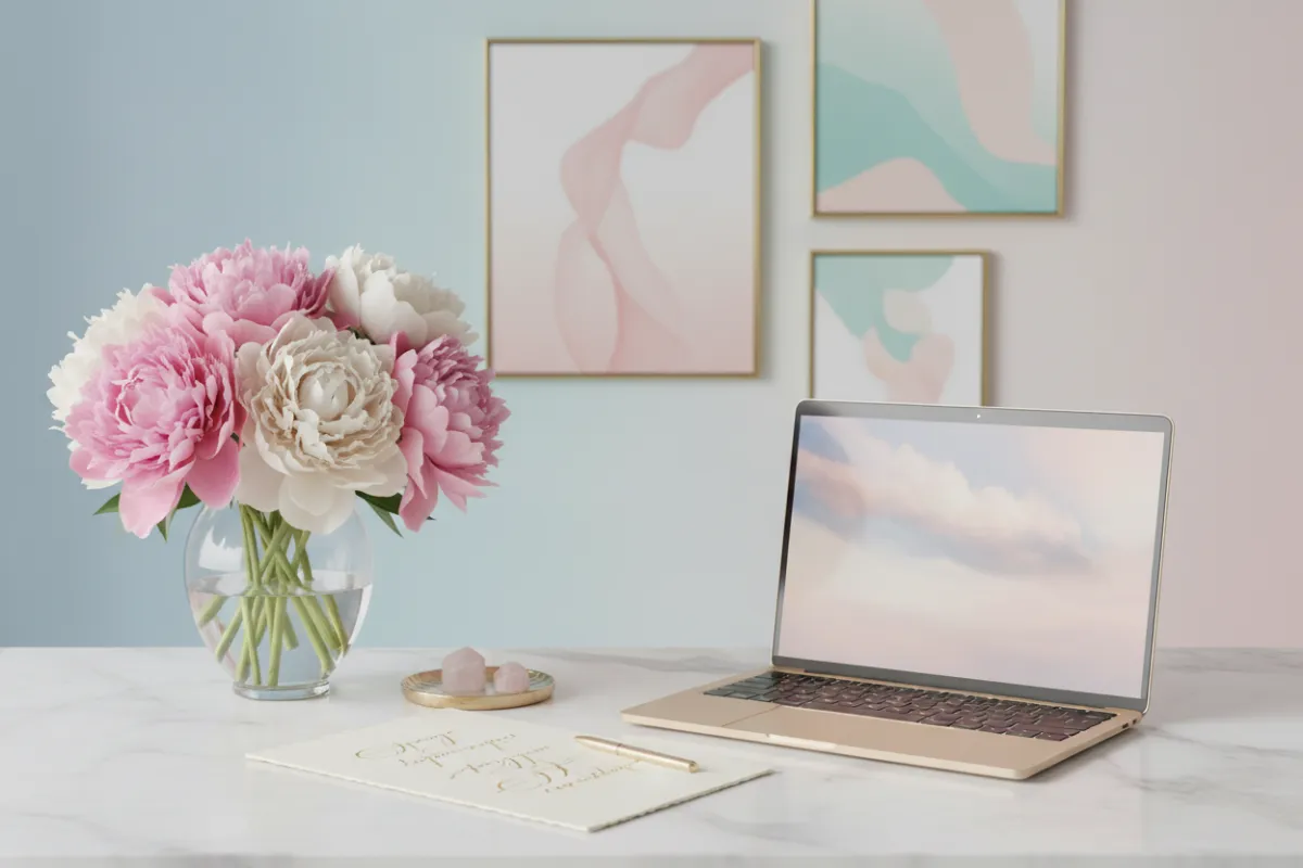 A serene, pastel-themed workspace with a gold-accented laptop, a vase of fresh peonies, and a handwritten note on a marble desk. The scene is softly lit, exuding calm professionalism and luxury, with no people present.