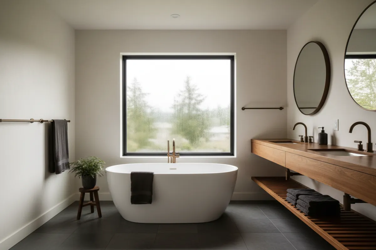 Bathroom remodel with freestanding tub and large window