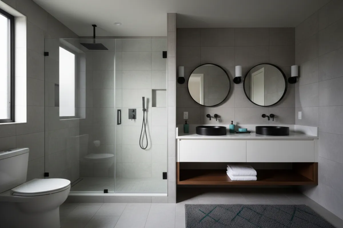 Modern white bathroom remodel with walk-in shower