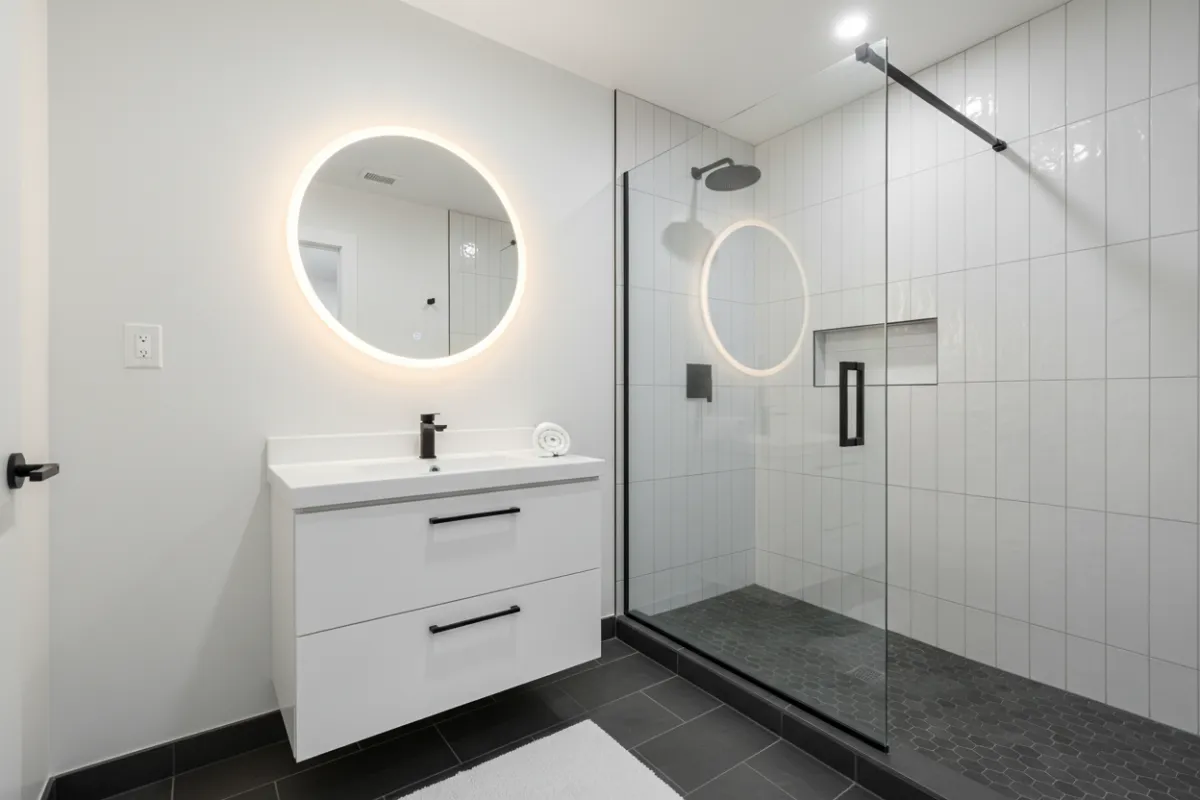 Compact bathroom remodel with new tile and vanity