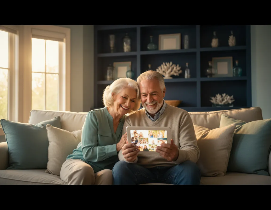 Senior couple happily looking at digital family photos on a tablet