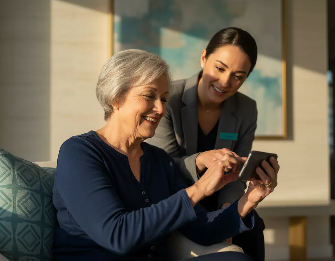 Senior adult safely browsing the internet with guidance
