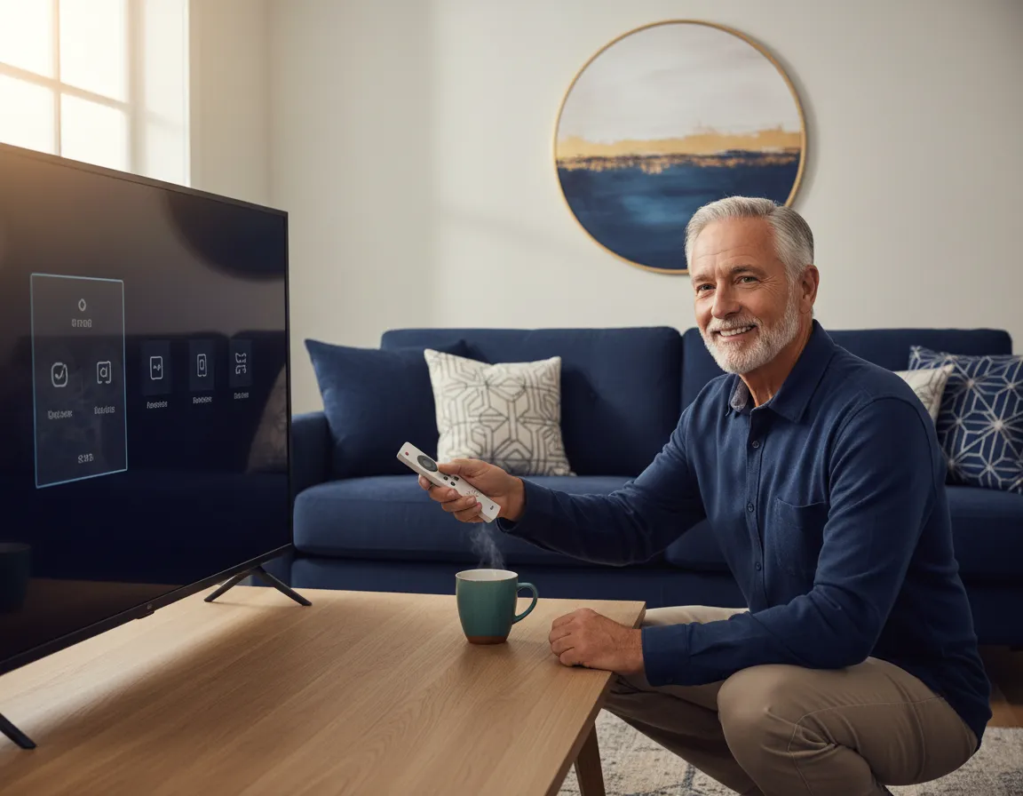 Senior man successfully setting up a smart TV with remote in hand