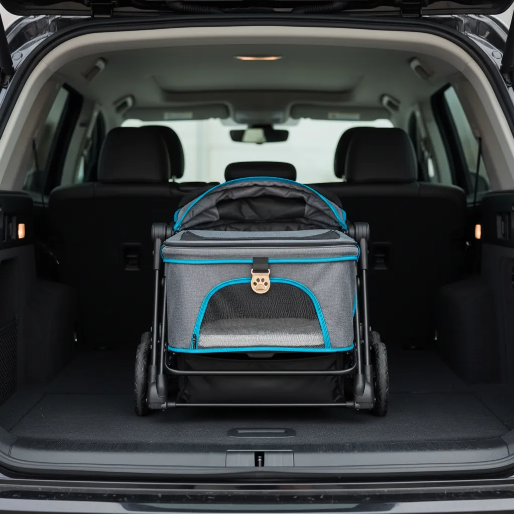 Pet stroller easily folding down to fit inside a car trunk