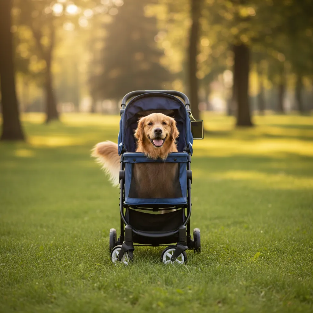 All-terrain pet stroller navigating a dirt trail in a nature park