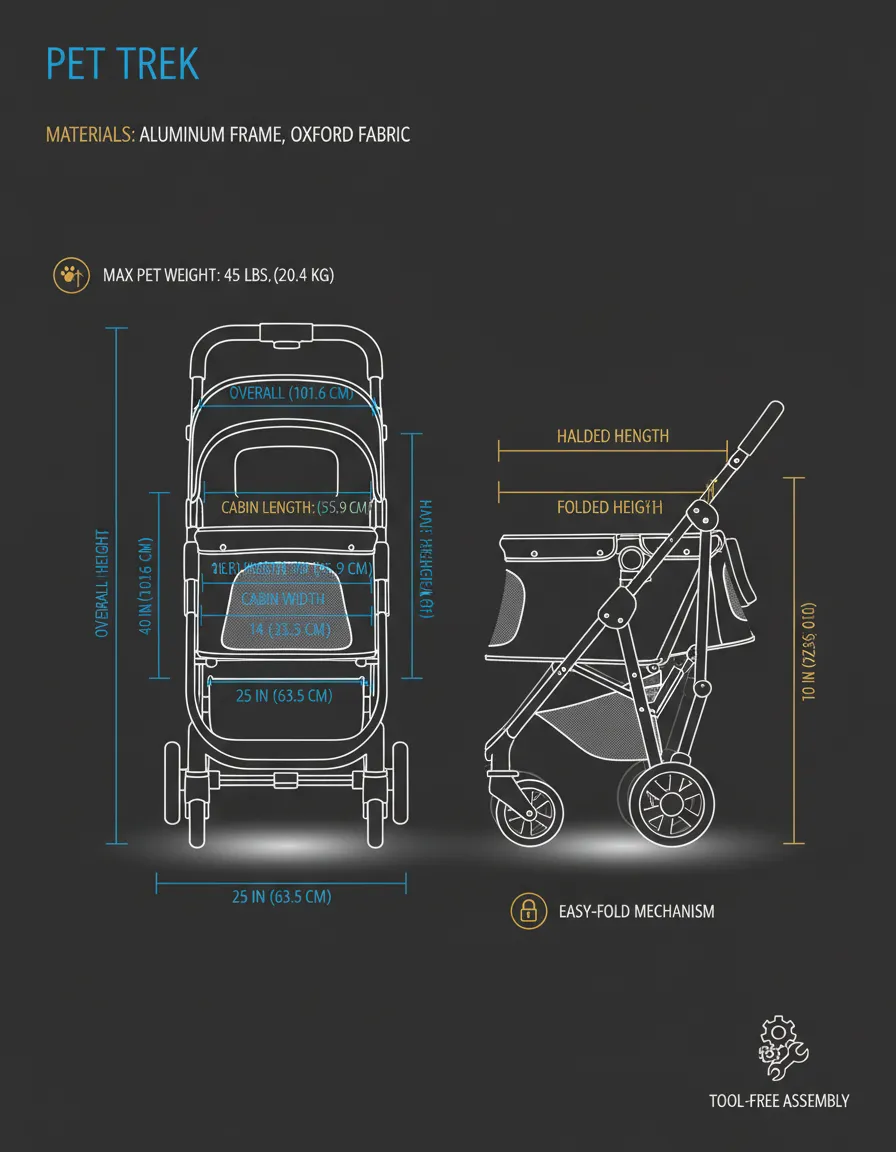 Technical diagram showing the dimensions of the Pet Stroller