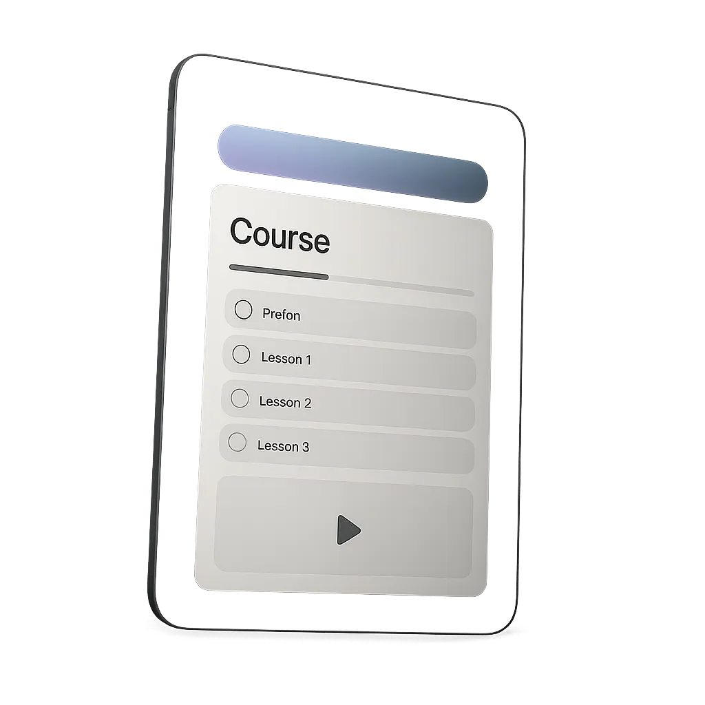 Floating tablet displaying sleek modern digital course interface