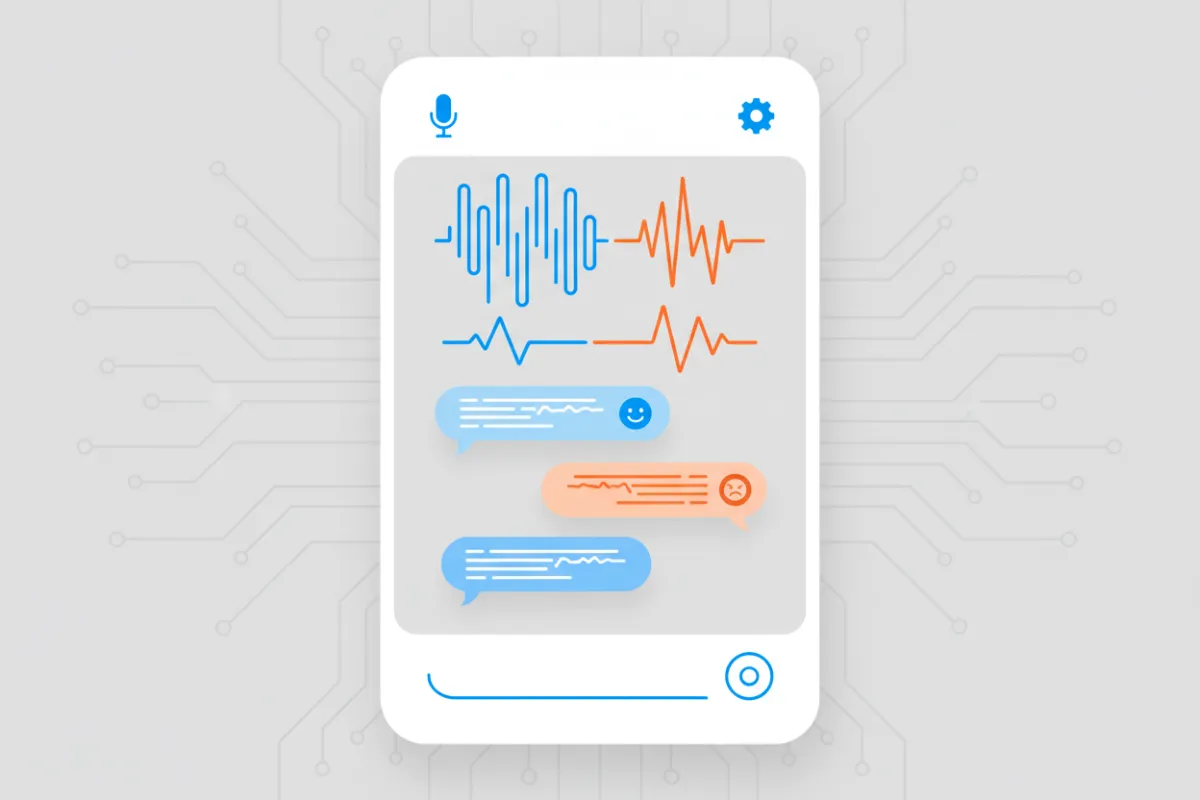 Mobile UI showing a conversation transcript with waveform and sentiment highlights.