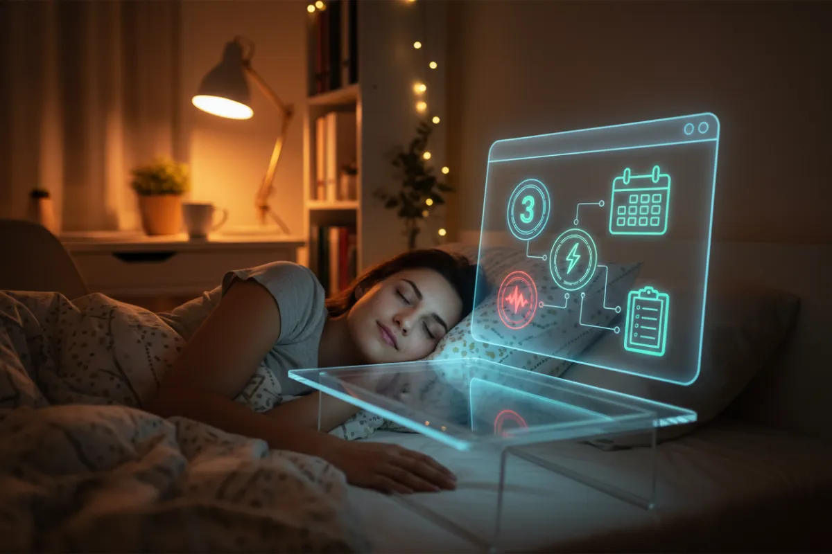 Small business owner asleep at night while an AI receptionist interface books appointments and logs emergency requests.