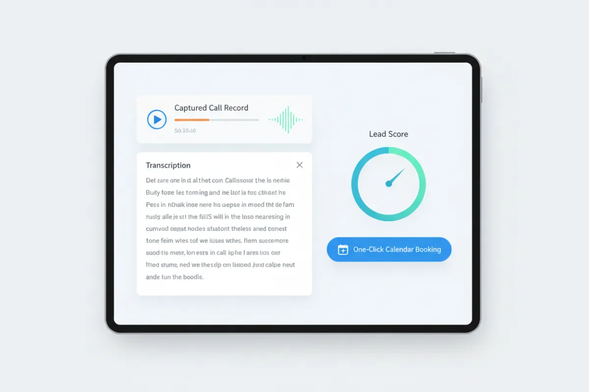 CRM dashboard showing captured call record, transcription snippet, lead score, and one-click calendar booking