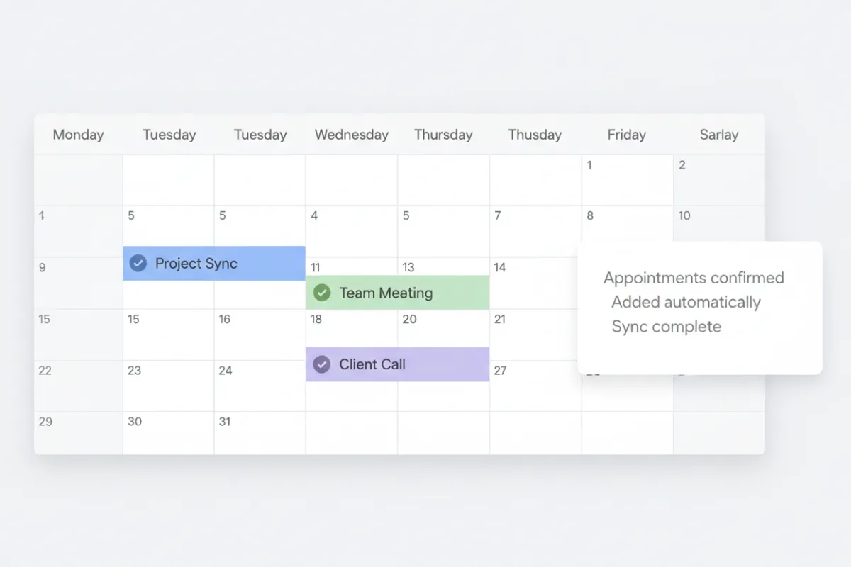 Calendar integration showing automatic appointment bookings with confirmations.