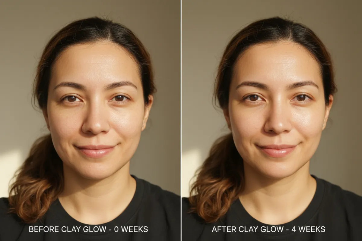 Before and after of a woman using Clay Glow products, showing visible skin improvement.