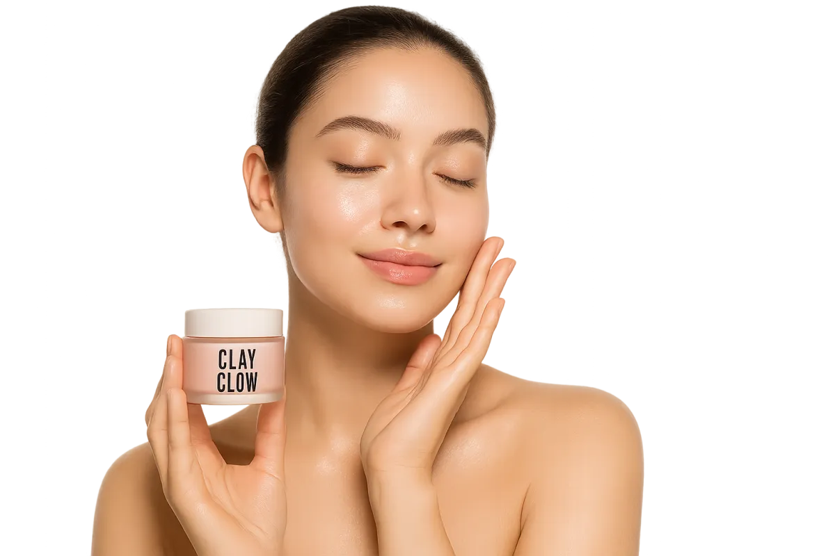 A single young woman with glowing skin, isolated on a transparent background, holds a Clay Glow mask jar in one hand and gently touches her cheek with the other.