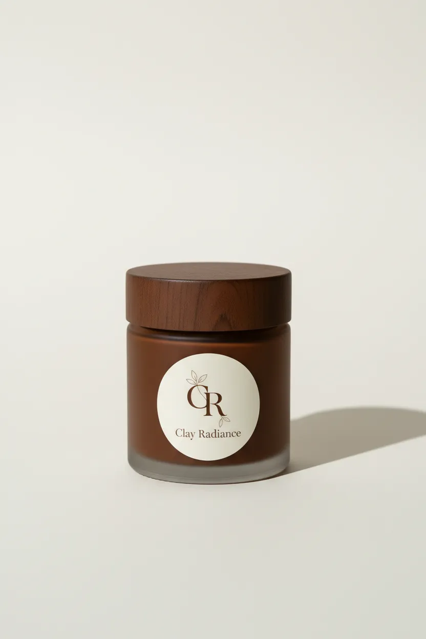 Beauty product shot of a skincare product branded with the company logo 'Clay Radiance', centered on a neutral background; studio lighting.