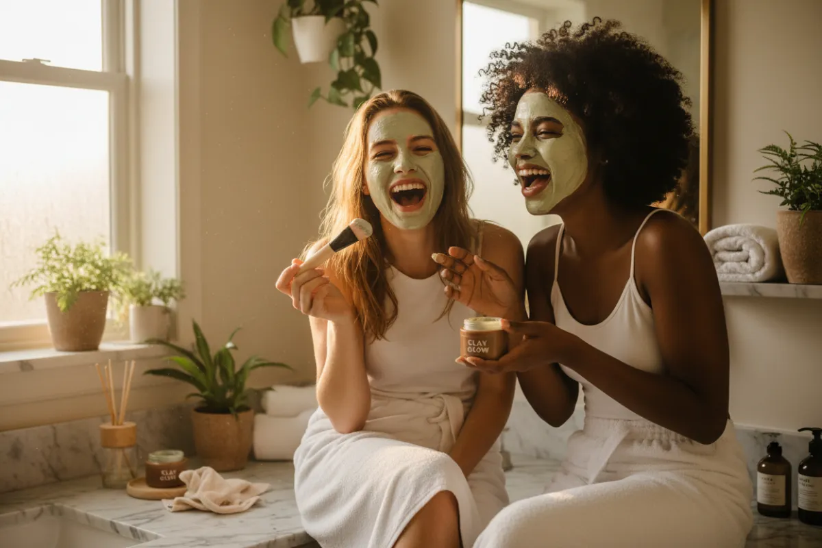Two friends, one with light skin and one with dark skin, laughing together while applying Clay Glow masks in a sunlit bathroom.
