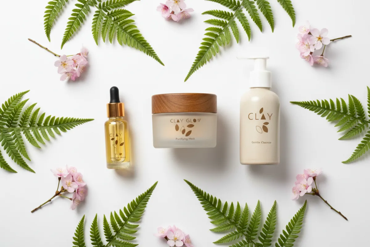 Flat lay of Clay Glow products arranged with natural elements and soft lighting.