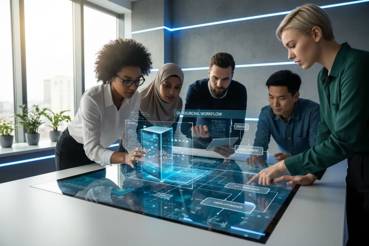 A close-up of a diverse team collaborating over a digital interface, with one person configuring a server and another reviewing outsourcing workflow charts. The background is a bright, modern workspace with natural light and blue accents.