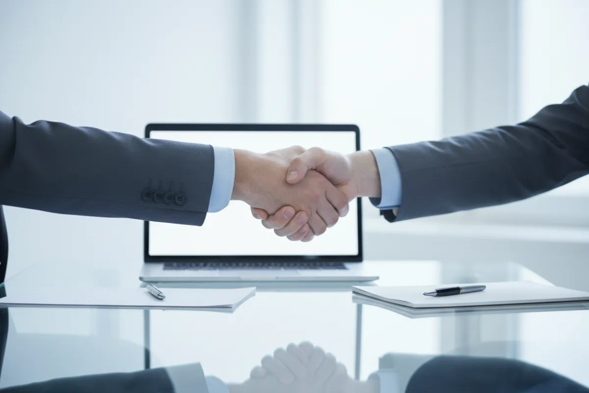 Business professional extending a handshake across a modern glass table, with a laptop and notepad in the background. Minimalist, bright, blue and white tones.