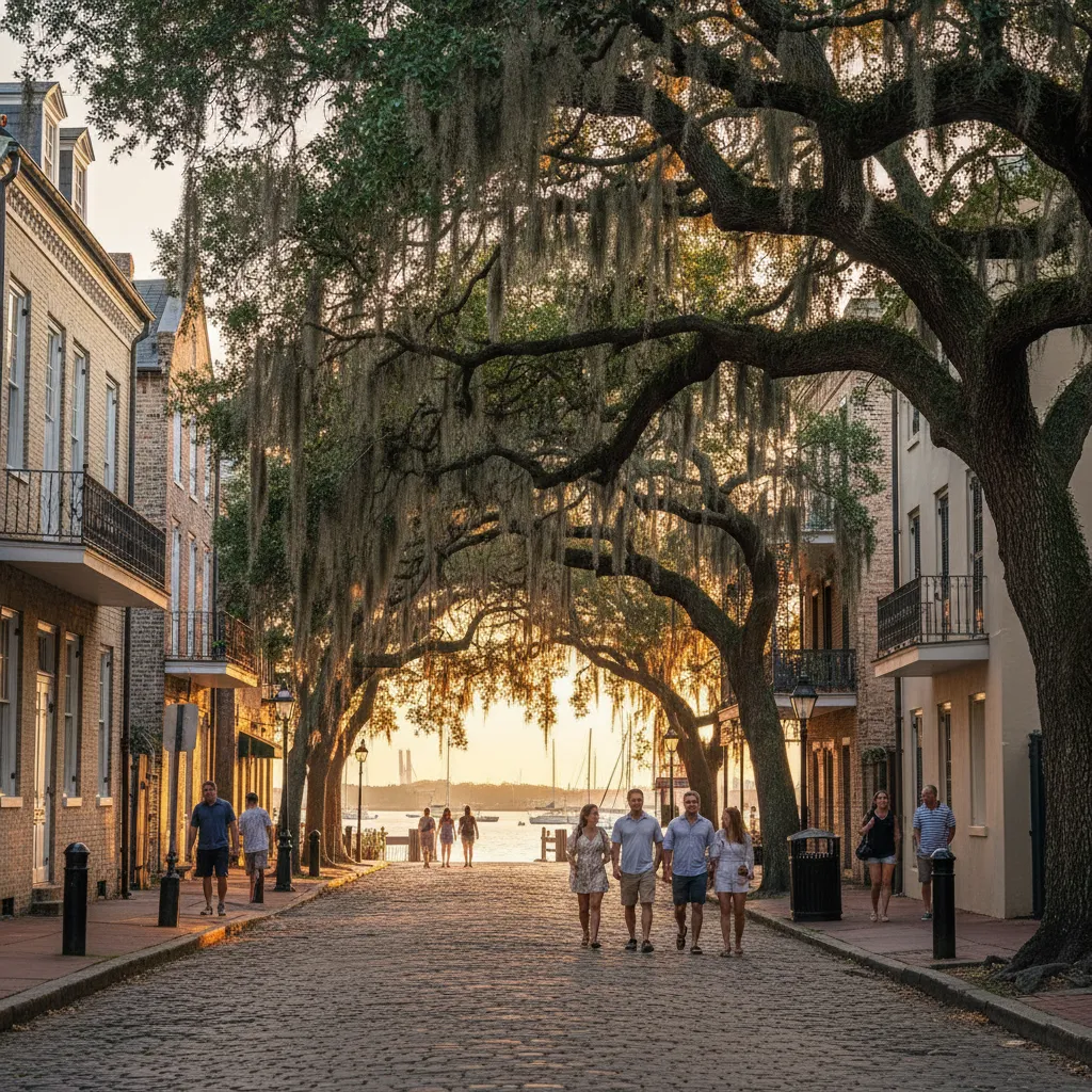 Square 1:1 realistic photograph of Charleston showcasing historic Southern architecture with warm terracotta tones and elegant details