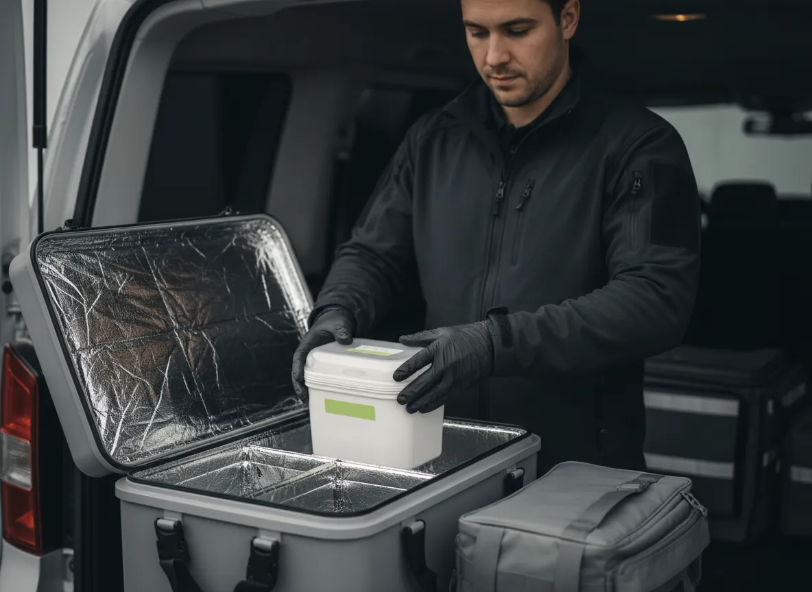 Secure medical courier handling temperature-controlled clinical specimens.