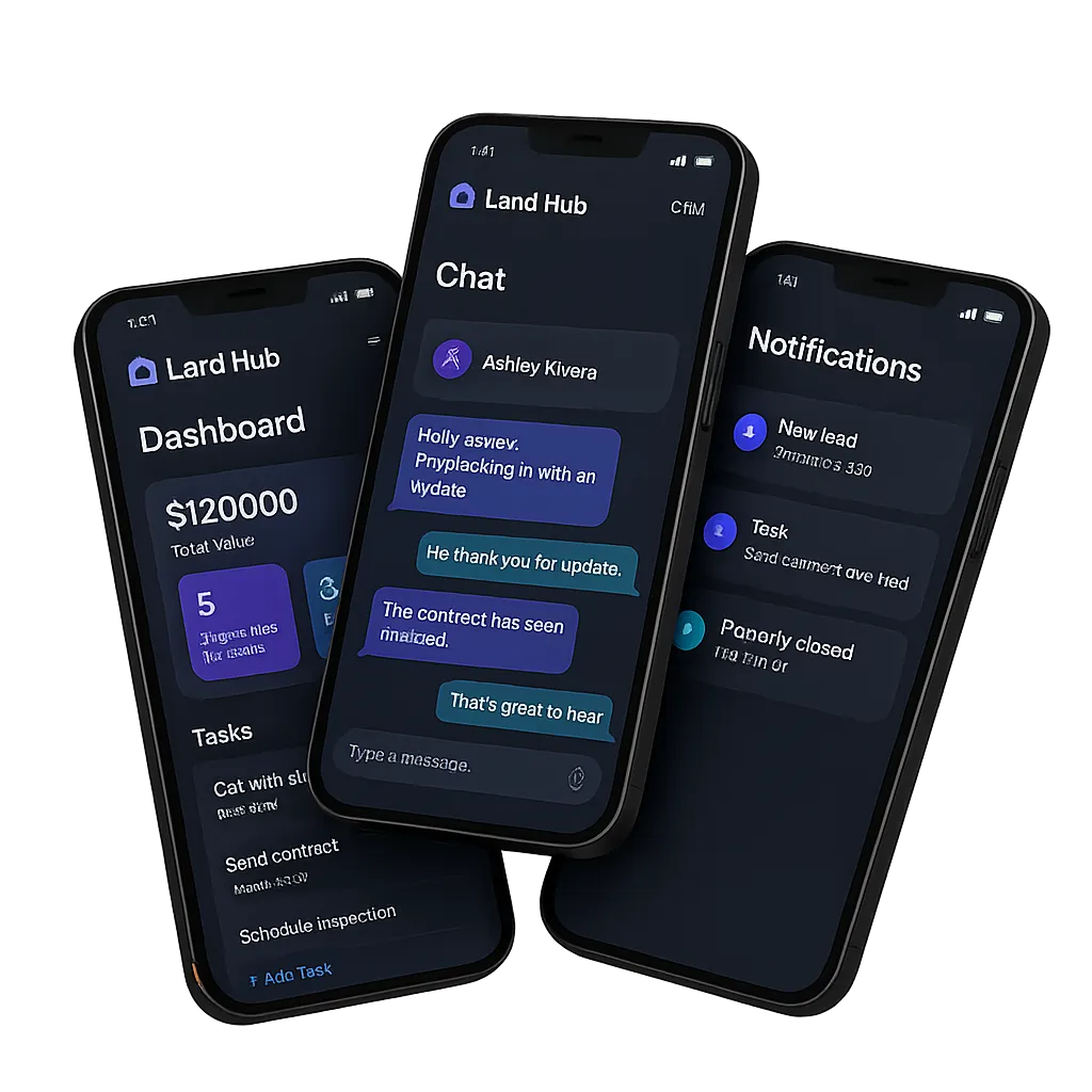 Three overlapping black phone mockups showing the CRM dashboard and client chat threads