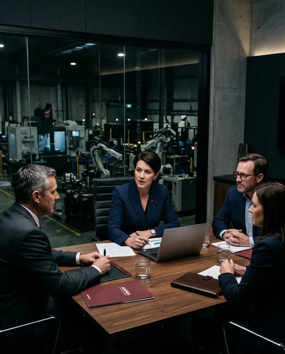 Industrial manufacturing executives in a closed-door boardroom strategy session