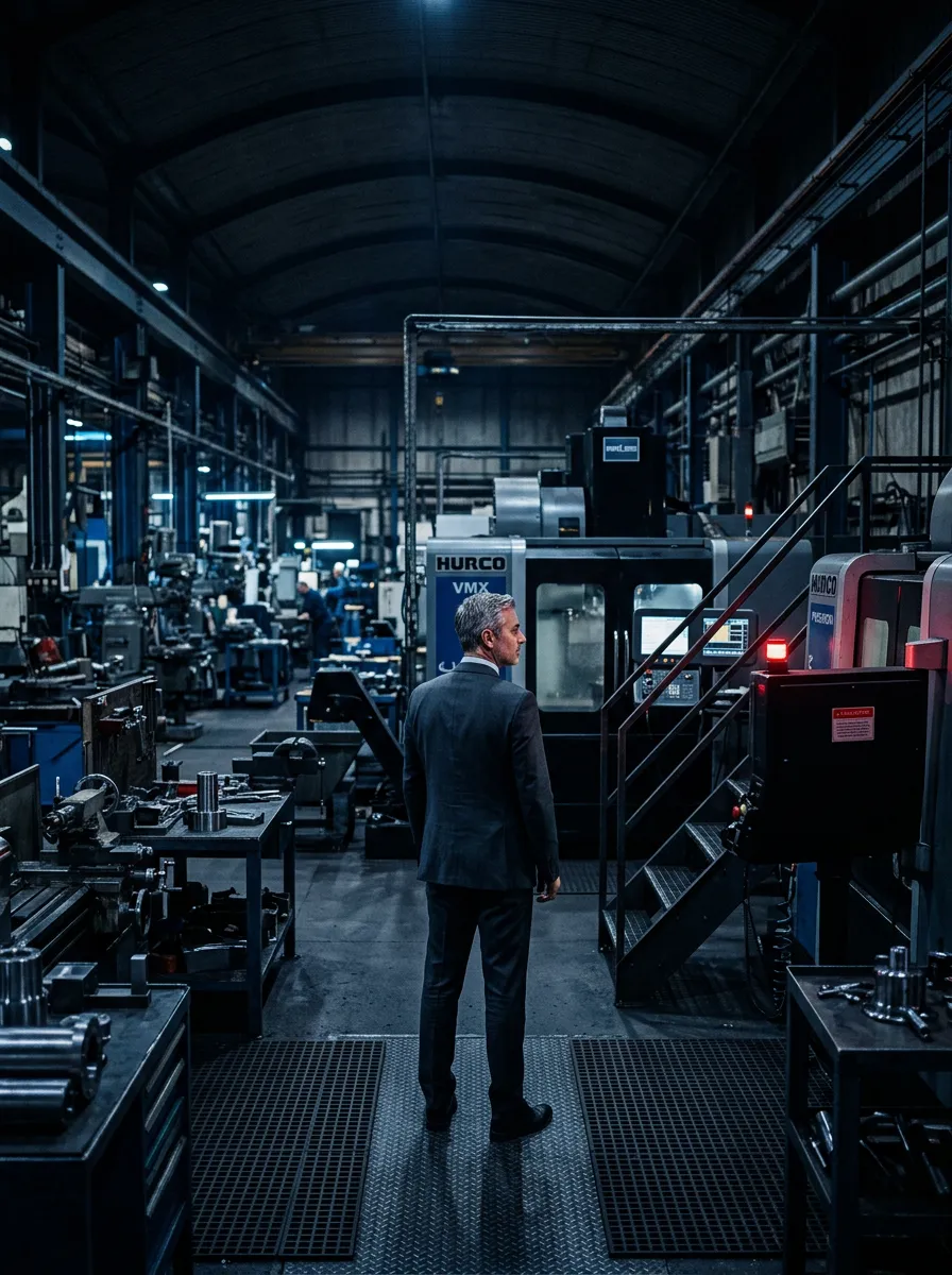 Industrial manufacturing leader standing in quiet reflection overlooking a modern precision machine shop