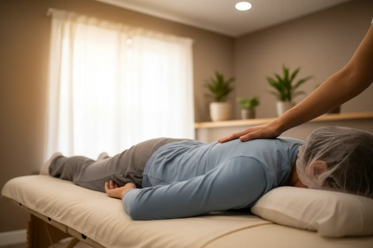 Fully clothed client lying on a massage table with only the therapist's hand visible, gently placed over the client's body; therapist not visible except for the hand.