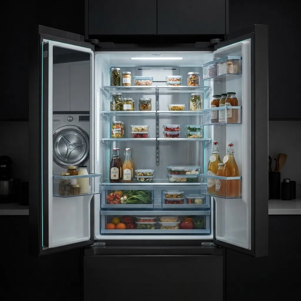 Modern refrigerator interior and washing machine mechanical drum in clean residential setting