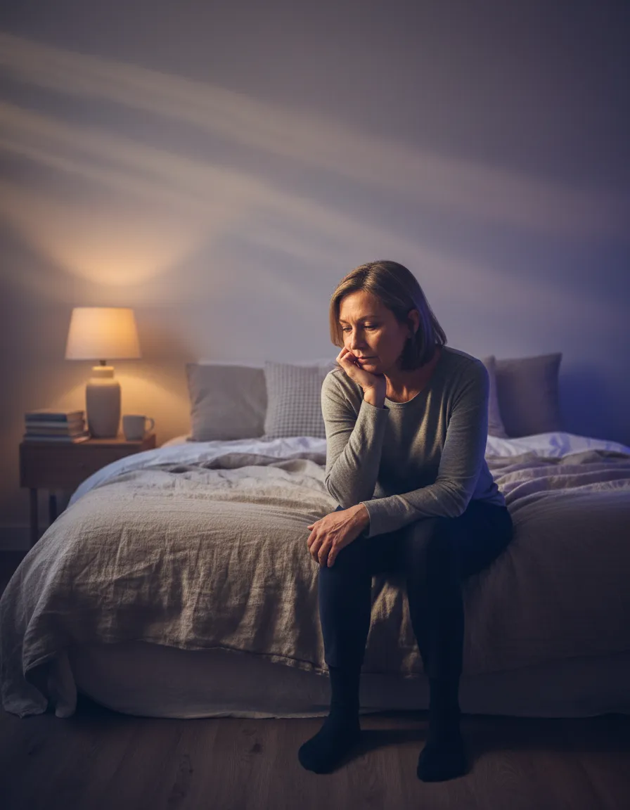 A person sitting on the edge of a bed in a dimly lit atmospheric bedroom, looking tired and reflective