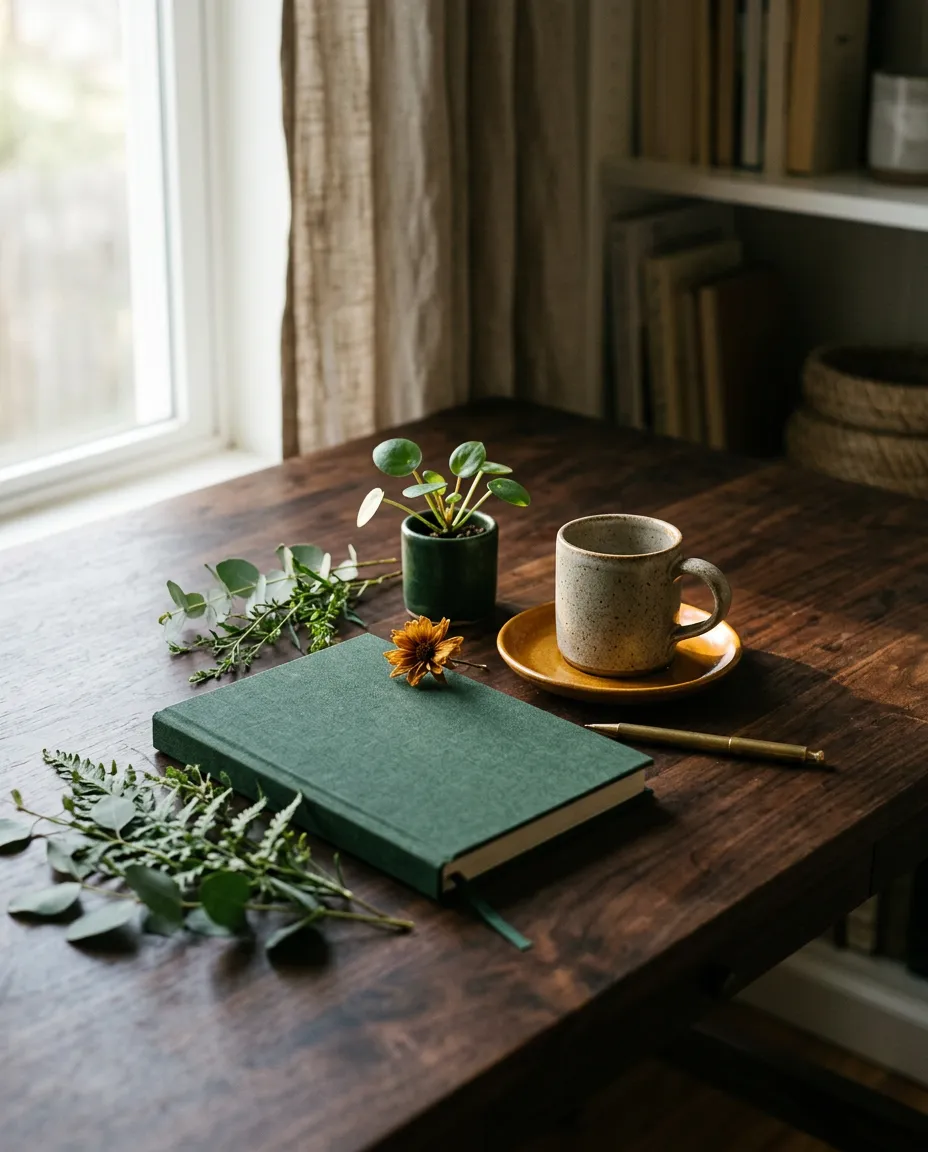 Calm functional medicine clinical space with botanical accents and natural sunlight