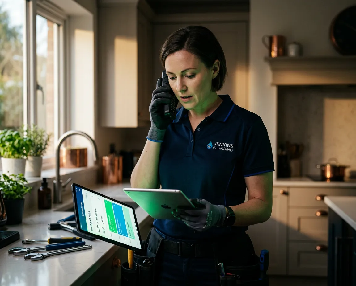 Professional plumber on service call while RingNest AI receptionist books new customer appointments