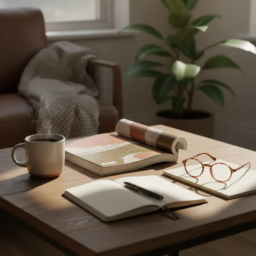 Coffee table scene with magazine, glasses, and notebook in warm mid-morning light.
