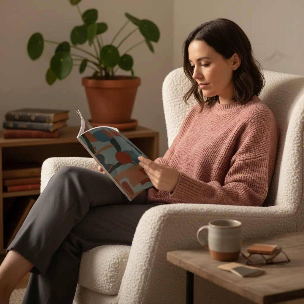 Woman reading a magazine on a cozy armchair, soft side lighting and muted color palette.
