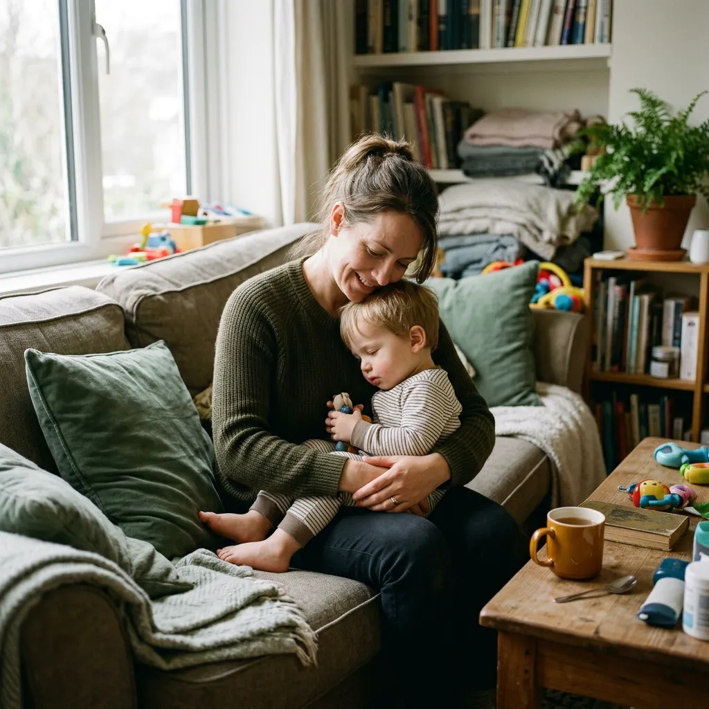 Warm candid portrait of a parent sitting amidst home clutter looking overwhelmed yet deeply caring
