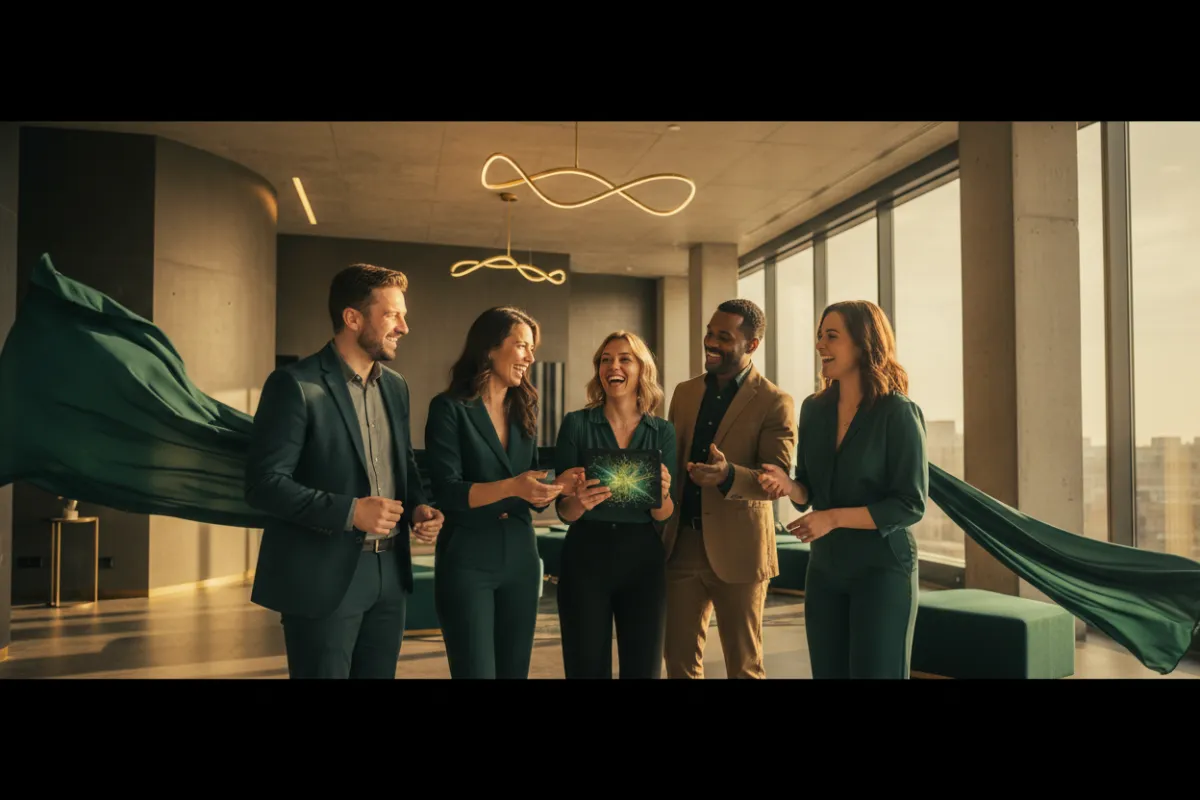 Team zusammen bei einer Gruppenreise, lachend und motiviert