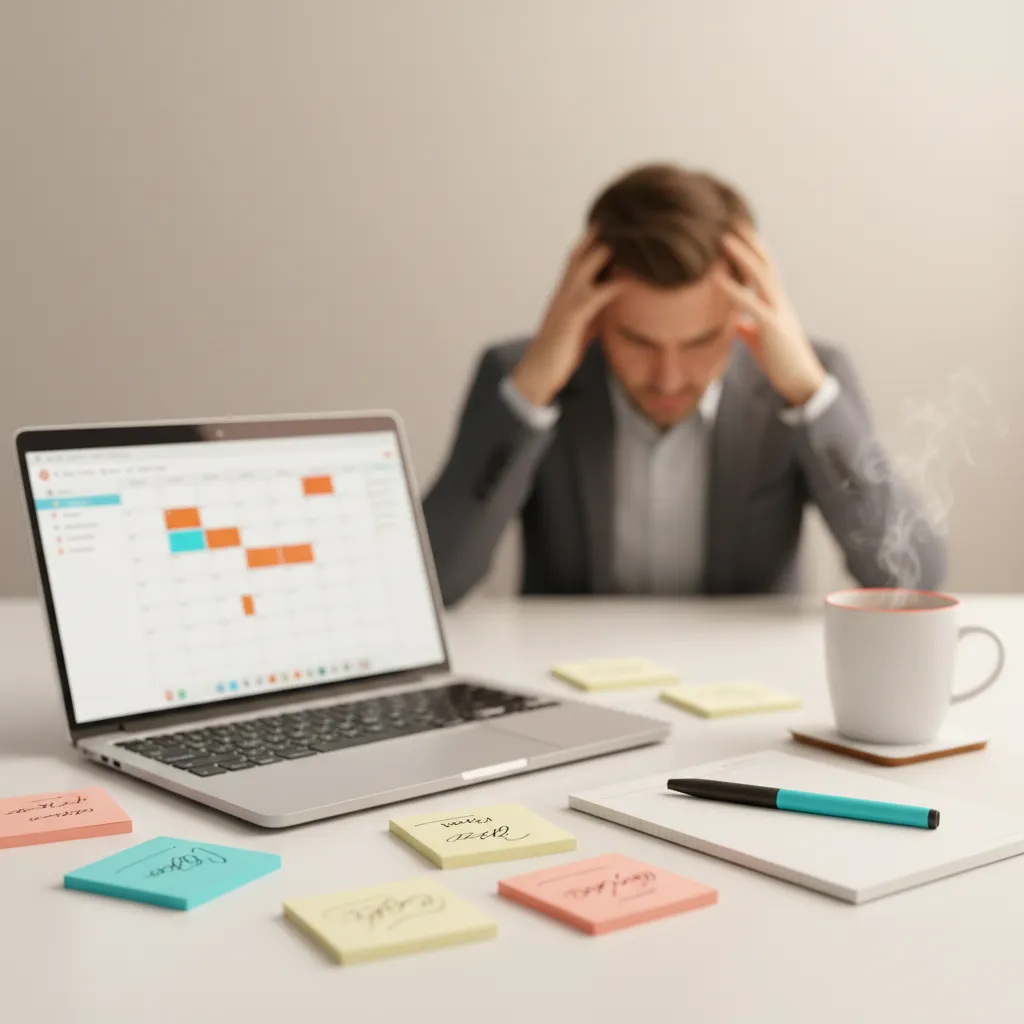 Stressed office worker buried in event planning logistics
