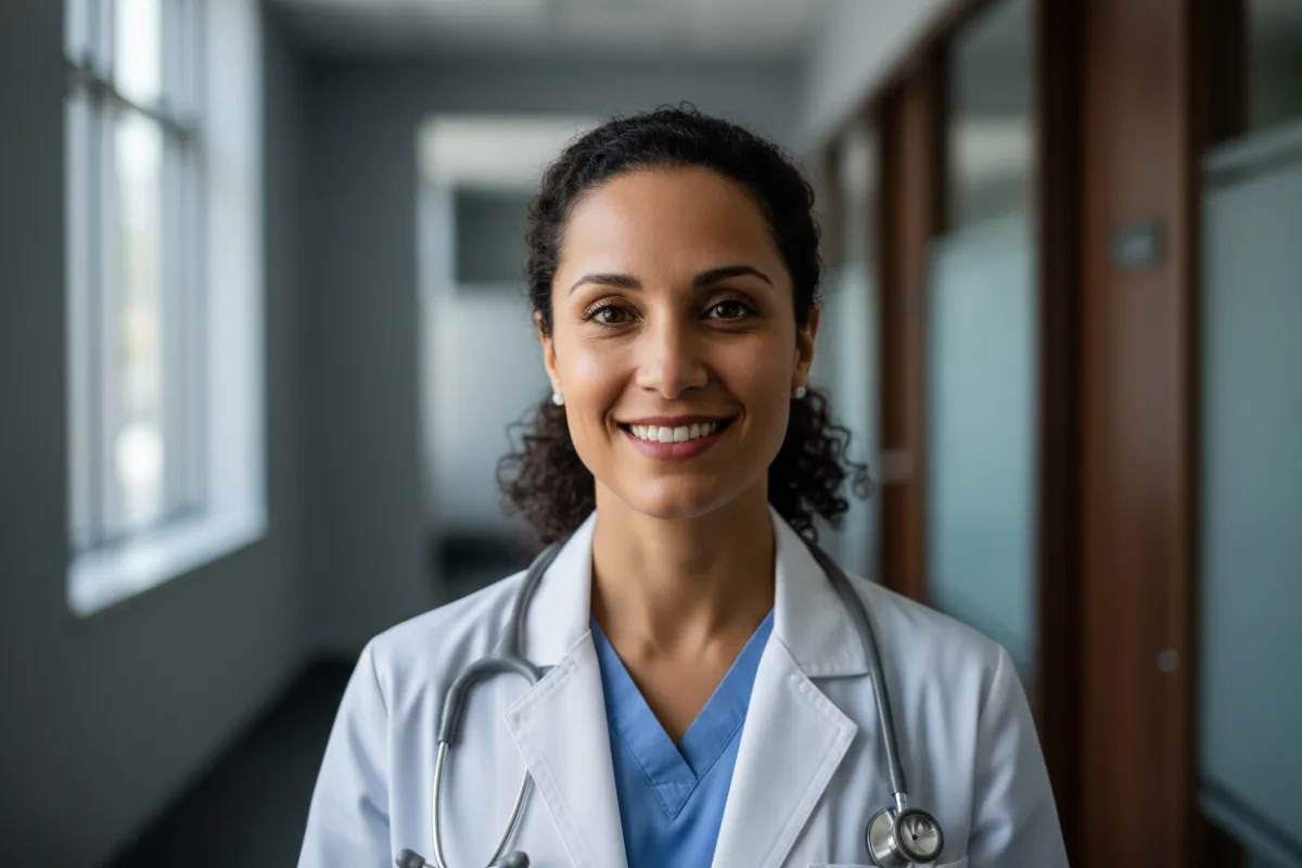 Woman doctor, professional portrait, smiling, clinical setting