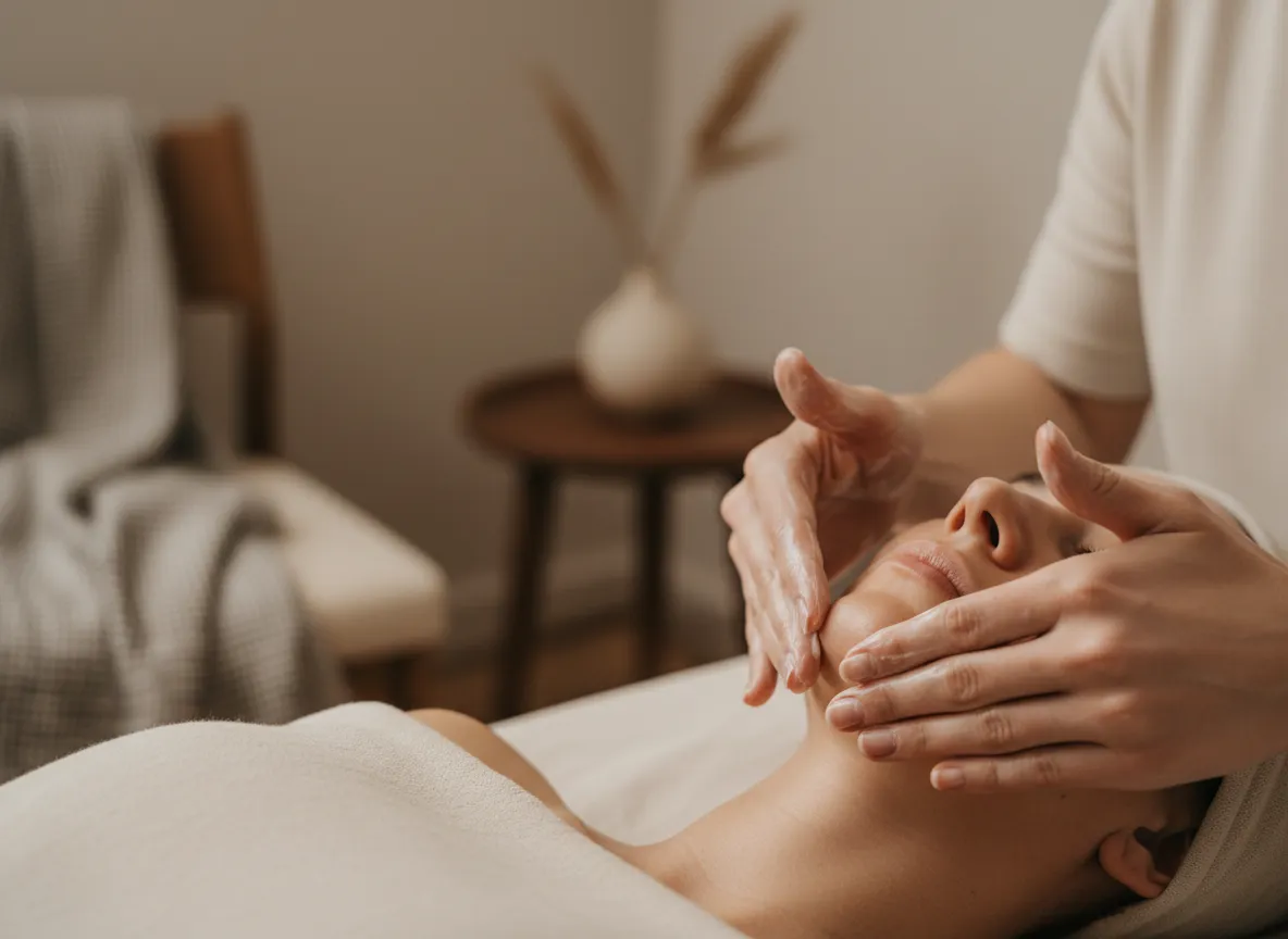 Close-up of gentle facial massage in a minimal spa setting