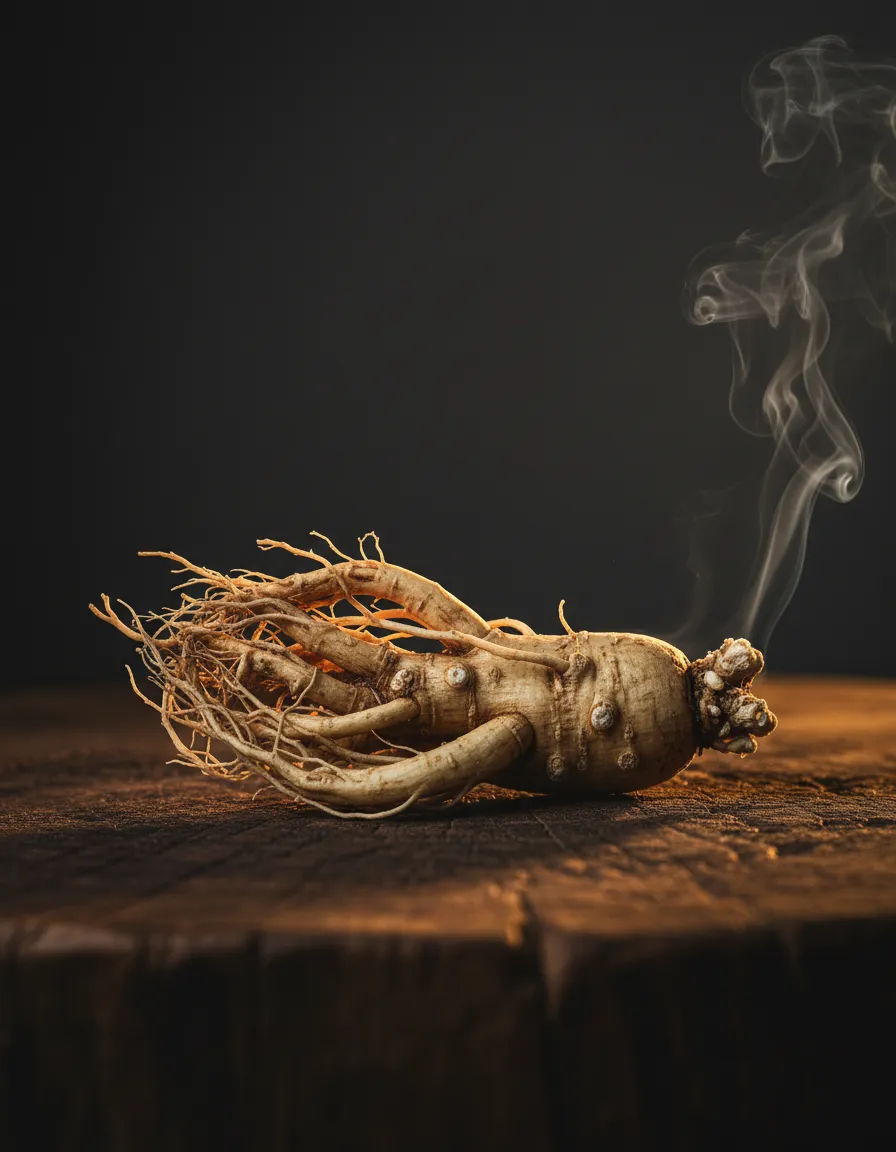 Cinematic macro shot of raw Ginseng root with subtle steam overlay