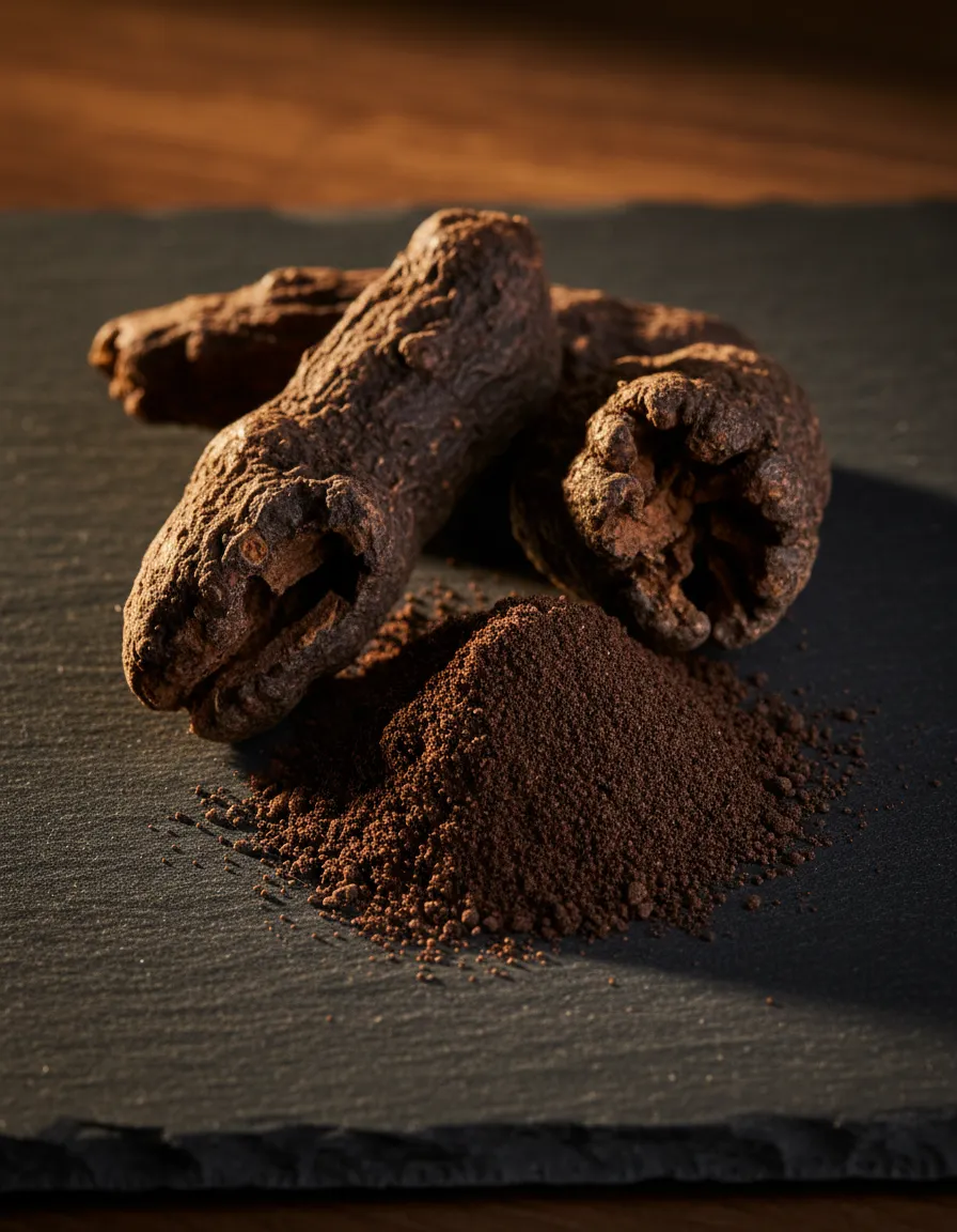 Cinematic macro shot of dark Black Maca Root on a charcoal surface