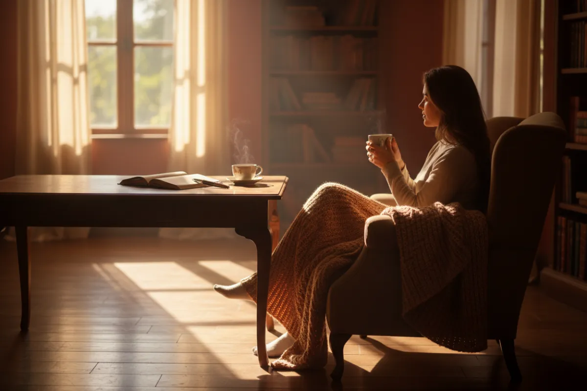 Warm indoor scene with gentle window light and a person reading or holding a cup, reflective and hopeful
