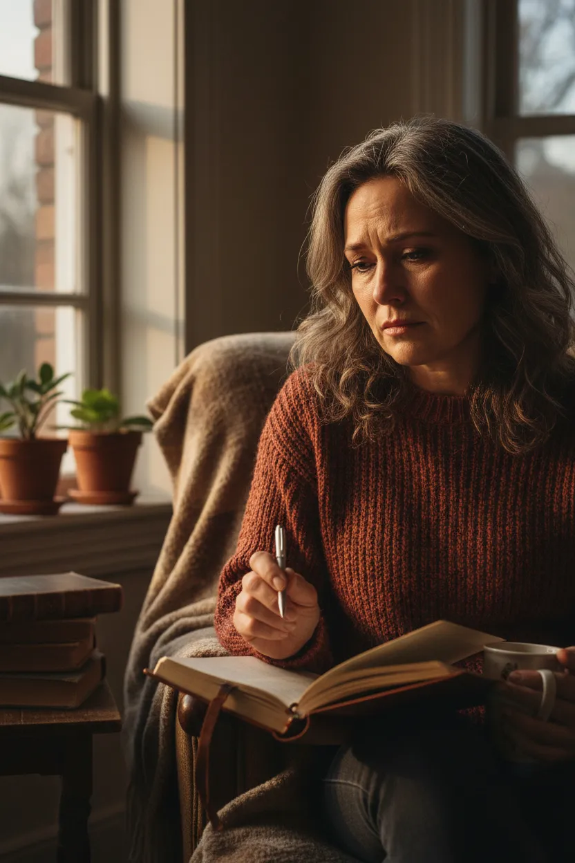 Photorealistic photo of a woman sitting by a window journaling through grief; sorrowful (not smiling) expression, soft natural window light, warm muted tones.