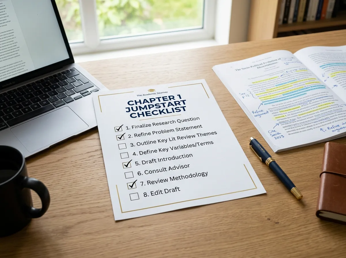 Chapter 1 Jumpstart Checklist and dissertation draft on a desk